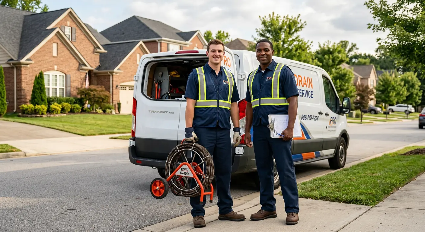 Sewer and drain service team with equipment ready for work in Harrison