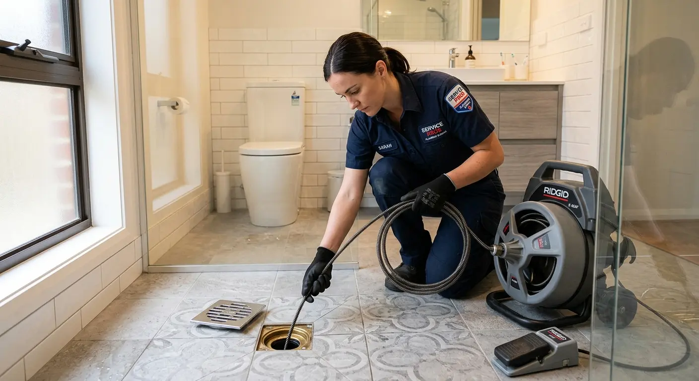 Technician clearing a bathroom floor drain for Hydro Jetting in Harrison